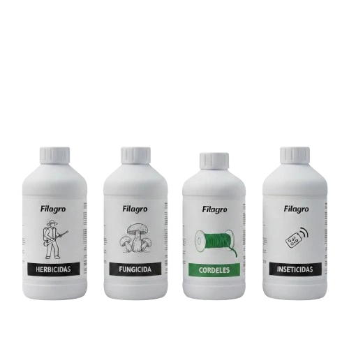 Envases de la Línea de Protección Filagro: Herbicidas, Fungicidas, Cordeles e Insecticidas.