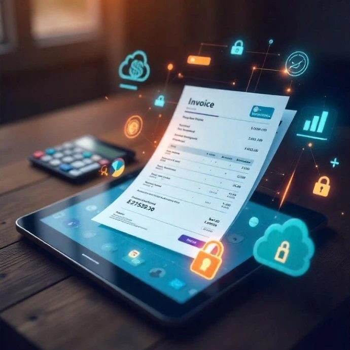 Representación digital de una factura electrónica siendo procesada desde una tablet."