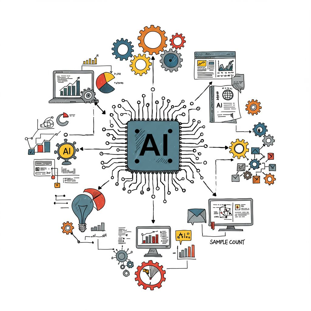 Infografía que muestra la conexión de diferentes servicios a través de un núcleo de IA.
